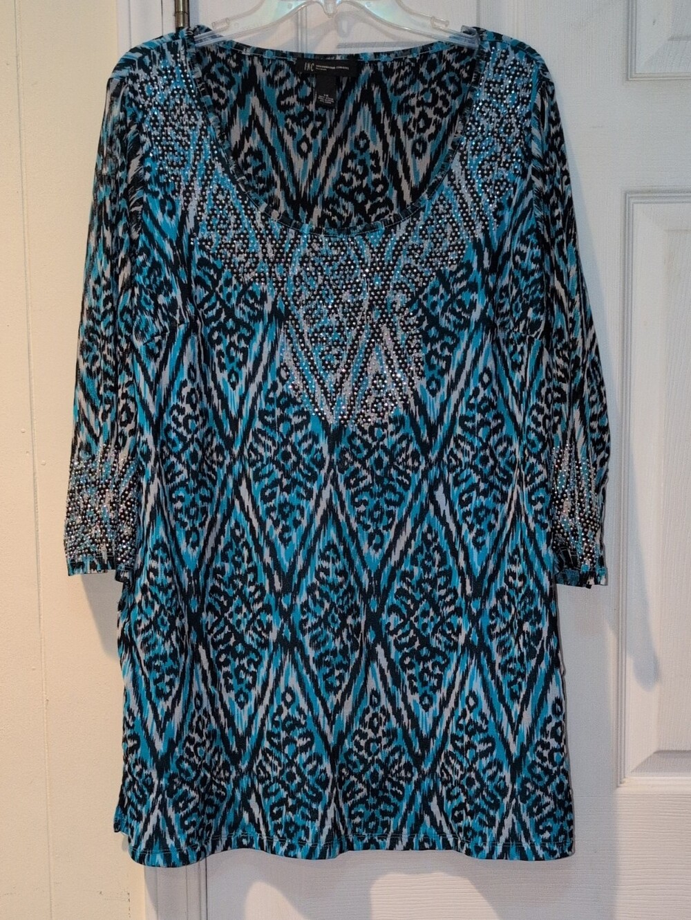 Blue Patterned Scoop Neck Tunic with Rhinestone Accents